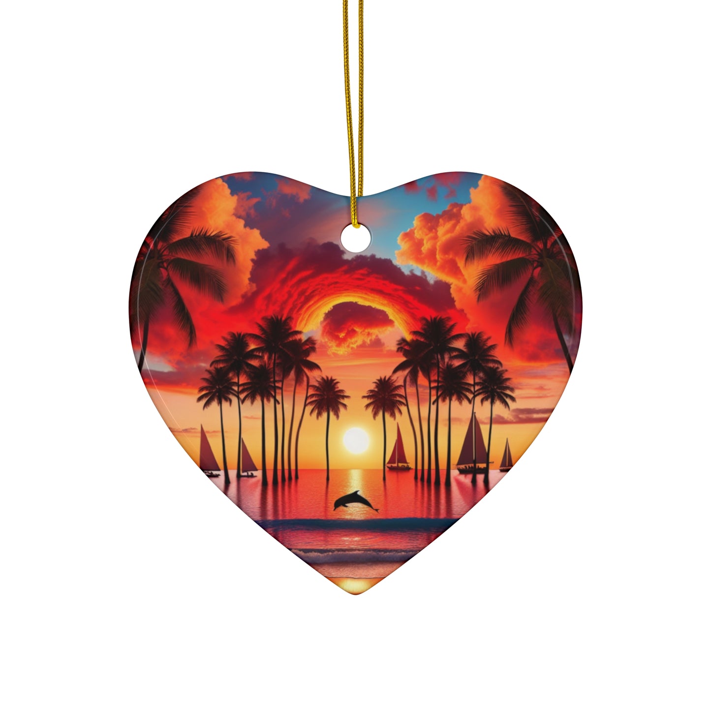 Ceramic Ornament Star, Heart, Snowflake or Circle 1111 "Paradise Serenity: Tropical Beach Sunset" - Tropical Beach Sunset with Palm Trees, Dolphins, and Sailboats