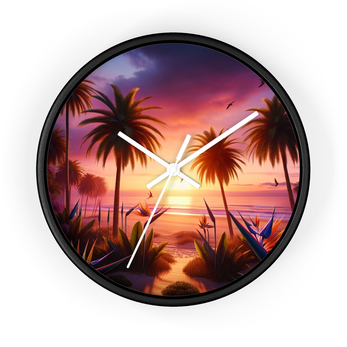 "Sunkissed Serenity: A Tropical Twilight Tapestry" - Tropical Beach at Sunset 10" Wall Art Clock