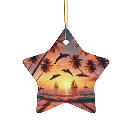 Ceramic Ornament Star, Heart, Snowflake or Circle 1111 "Paradise Bask: An Enchanting Tropical Sundown" - Tropical Beach Sunset with Palm Trees, Dolphins, and Sailboats