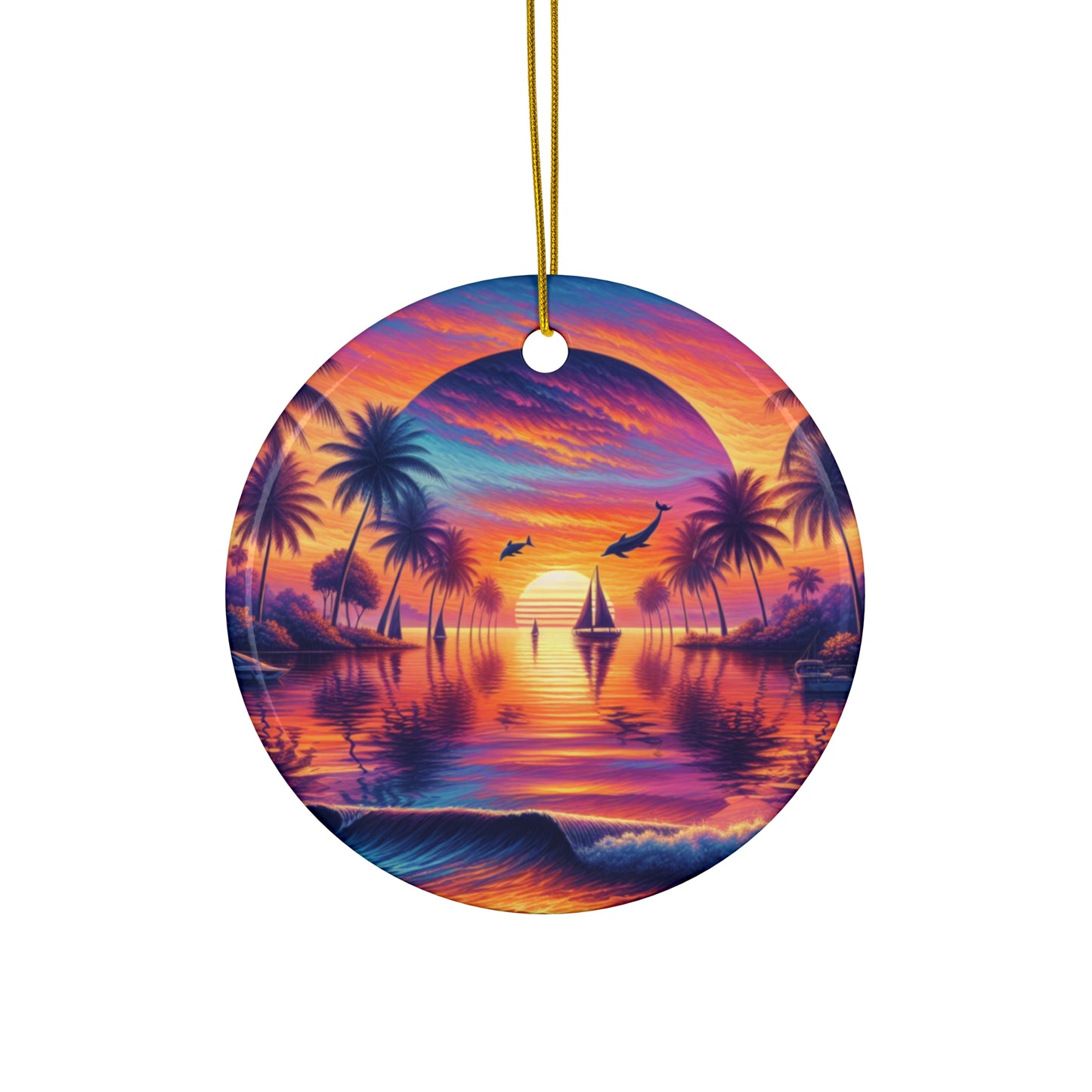 Ceramic Ornament Star, Heart, Snowflake or Circle 1111 "Paradise Twilight: An Ode to Tropical Serenity" - Tropical Beach Sunset with Palm Trees, Dolphins, and Sailboats