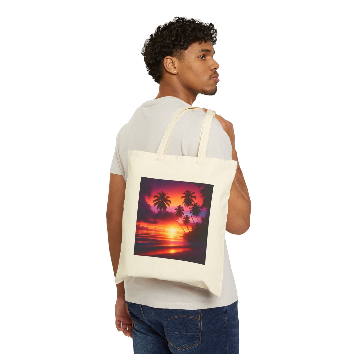 "Paradise Twilight: A Tropical Beach Sunset Serenade" - Natural or Black Cotton Canvas Tote Bag with Tropical Beach Sunset and Palm Trees