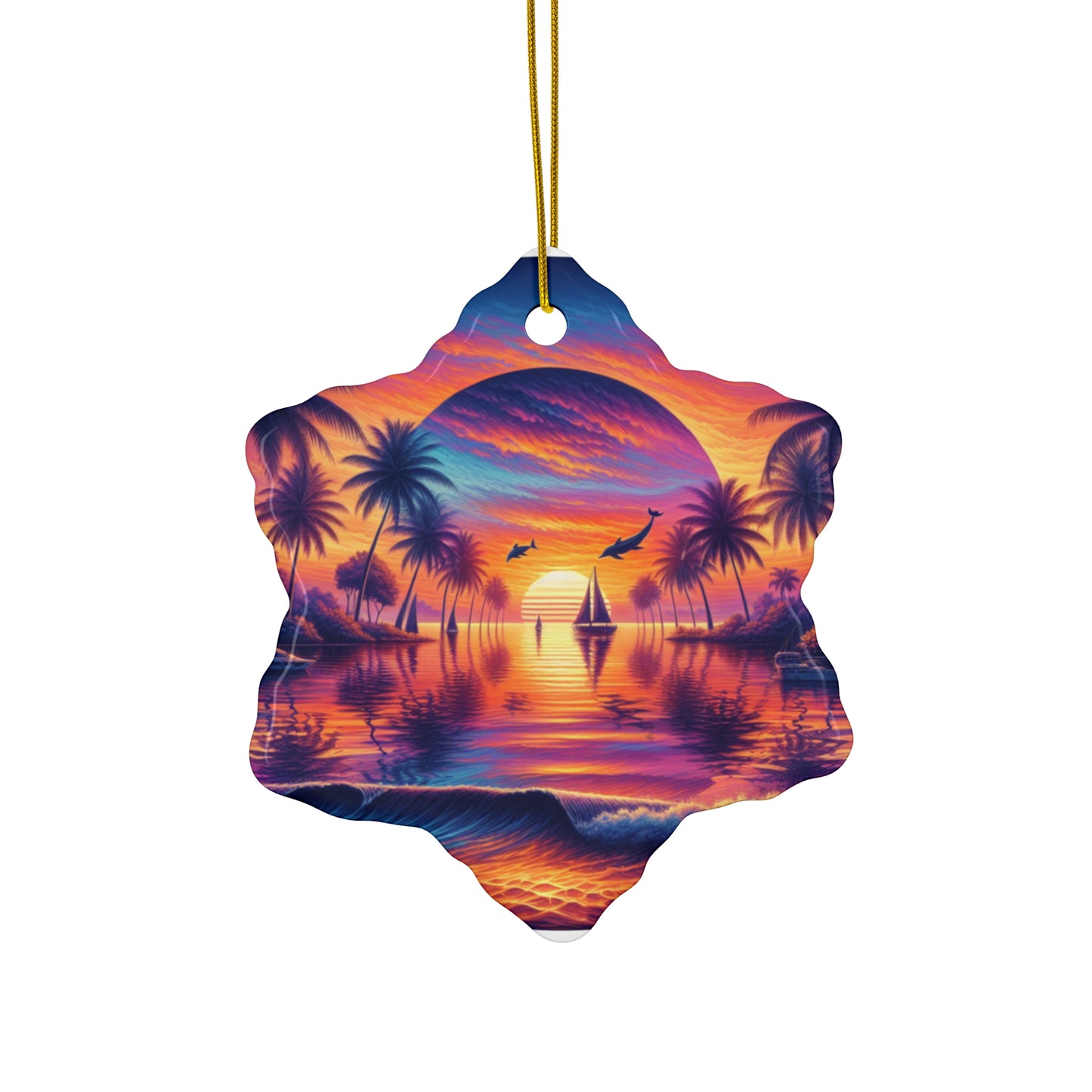 Ceramic Ornament Star, Heart, Snowflake or Circle 1111 "Paradise Twilight: An Ode to Tropical Serenity" - Tropical Beach Sunset with Palm Trees, Dolphins, and Sailboats