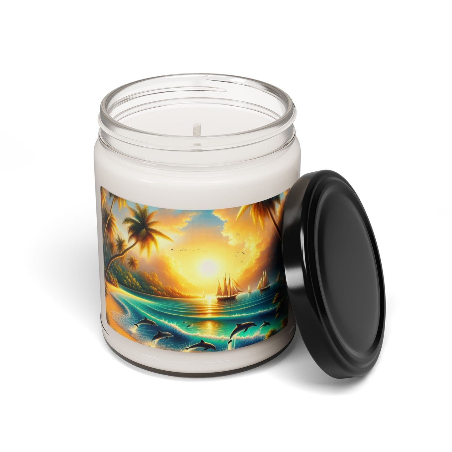 Scented Candle 1111 "Dolphin Dusk: Tropical Paradise Sunset" - 9 flavors Tropical Beach Sunset with Palm Trees, Dolphins, and Sailboats Art