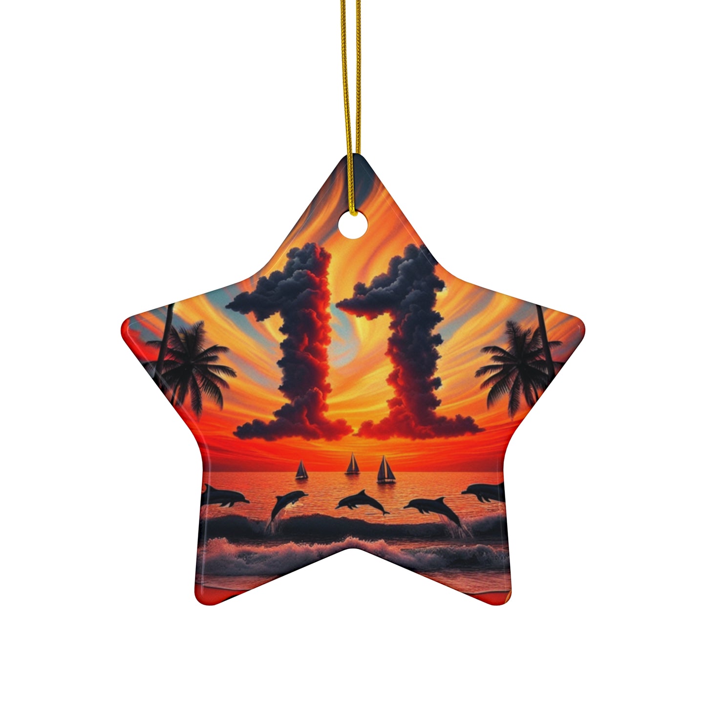 Ceramic Ornament Star, Heart, Snowflake or Circle 1111 "Paradise Twilight: Tropical Serenity's Embrace" - Tropical Beach Sunset with Palm Trees, Dolphins, and Sailboats