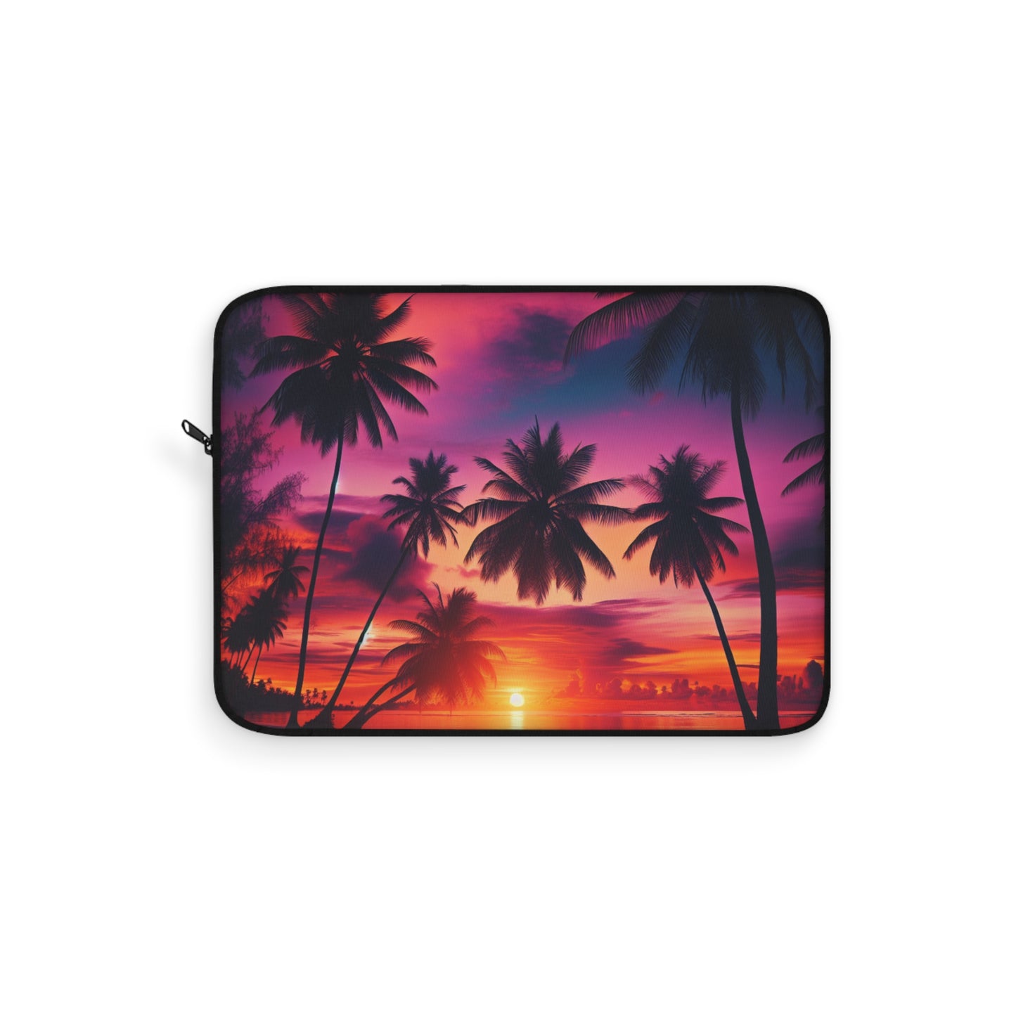 "Paradise Bliss: Tropical Sunset Serenade" - Laptop Sleeve with Tropical Beach Sunset with Palm Trees Art