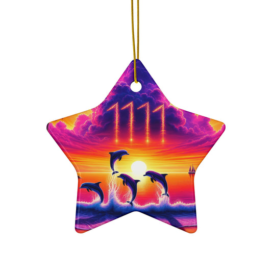 Ceramic Ornament Star, Heart, Snowflake or Circle 1111 "Paradise Dusk: A Tropical Symphony of Colors" - Tropical Beach Sunset with Palm Trees