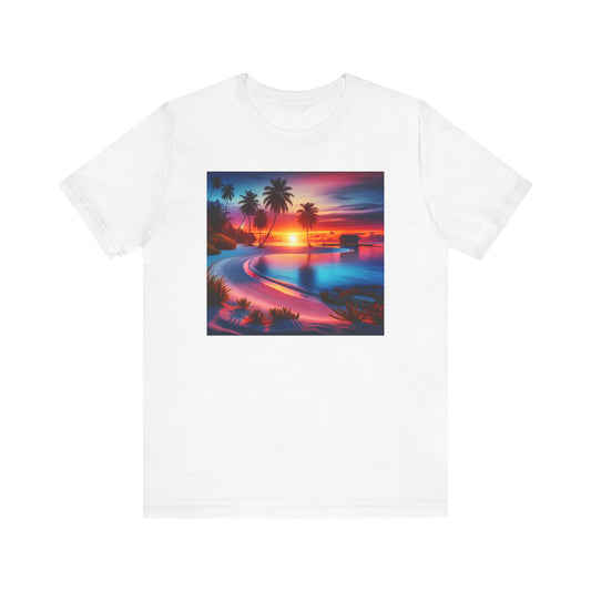 "Paradise Dusk: Tropical Serenity" - Tropical Beach Sunset with Palm Trees Unisex Jersey T-Shirt