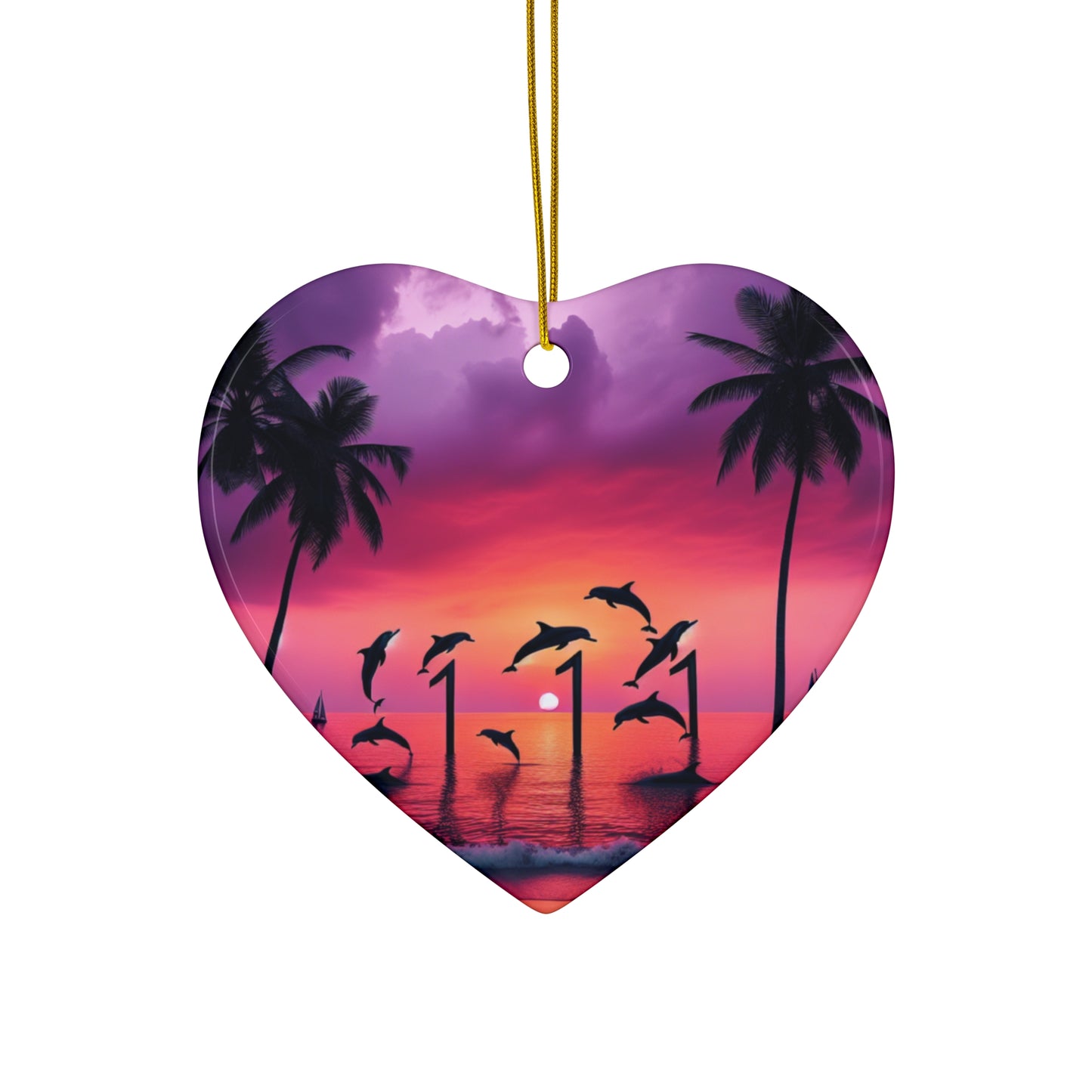 Ceramic Ornament Star, Heart, Snowflake or Circle 1111 "Serenity Bliss: A Tropical Sunset Symphony" - Tropical Beach Sunset with Palm Trees and Dolphins