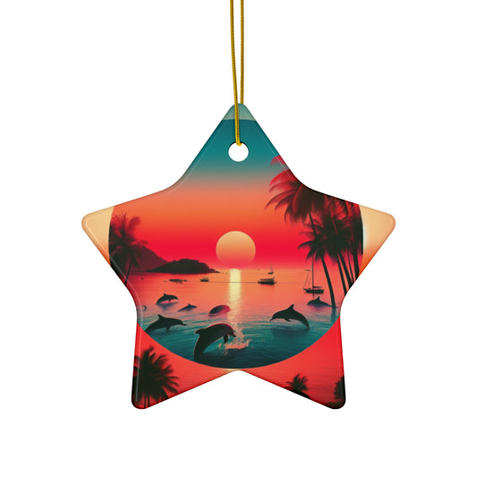 Ceramic Ornament Star, Heart, Snowflake or Circle 1111 "Paradise Solstice: An Enchanting Tropical Twilight" - Tropical Beach Sunset with Palm Trees, Dolphins, and Sailboats