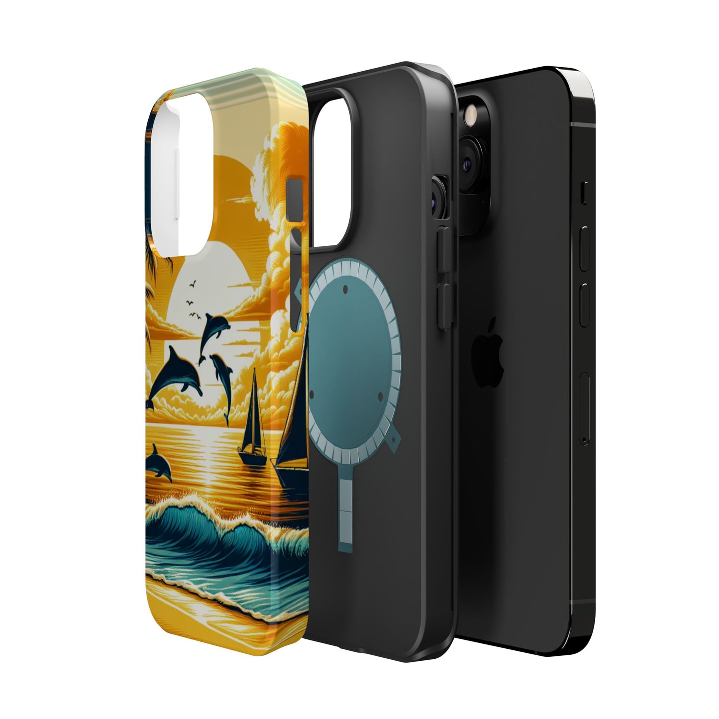 Magnetic Tough Phone case for phone 16 15 14 13 Pro Plus and Max 1111 "Sundrenched Serenity: An Enchanting Tropical Sunset" - Tough Phone Case with Tropical Beach Sunset Dolphins ande Sailboats HD Art