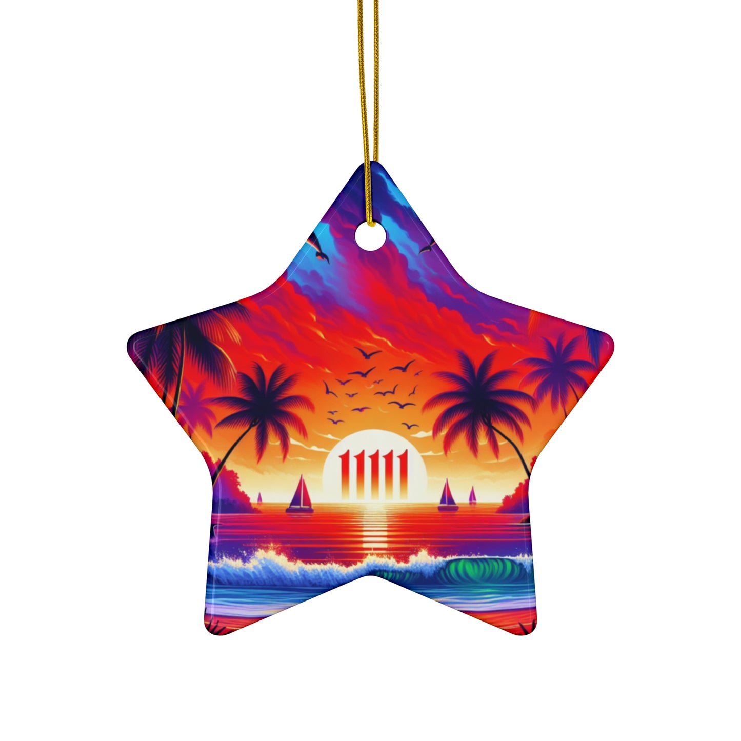 Ceramic Ornament Star, Heart, Snowflake or Circle 1111 "Sunset Serenity: A Tropical Oasis" - Tropical Beach Sunset with Palm Trees, Dolphins, and Sailboats