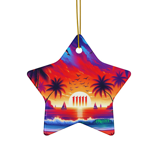 Ceramic Ornament Star, Heart, Snowflake or Circle 1111 "Sunset Serenity: A Tropical Oasis" - Tropical Beach Sunset with Palm Trees, Dolphins, and Sailboats