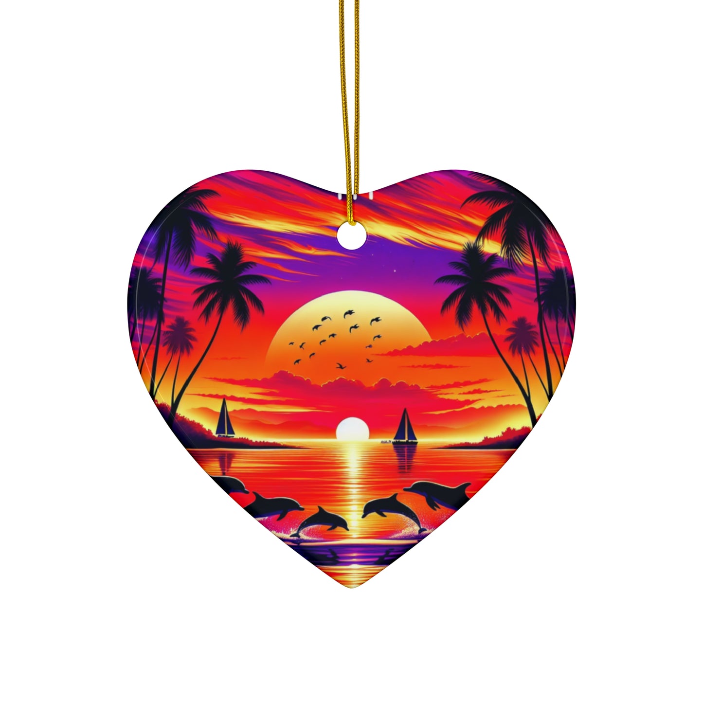 Ceramic Ornament Star, Heart, Snowflake or Circle 1111 "Paradise Dusk: An Exotic Beach Sunset Symphony" - Tropical Beach Sunset with Palm Trees, Dolphins, and Sailboats