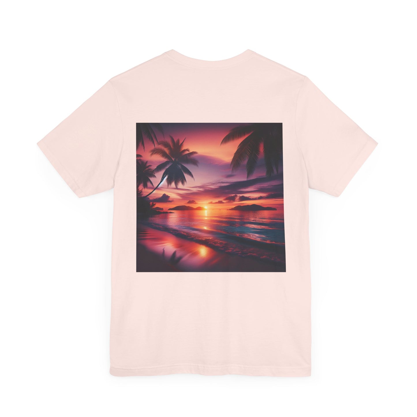 "Paradise Dusk: A Symphonic Blend of Sun, Sand & Serenity" - Tropical Beach Sunset with Palm Trees Unisex Jersey Tee