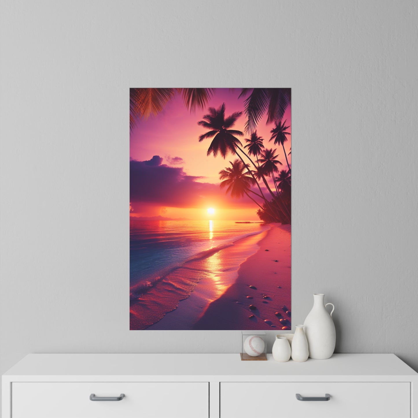 "Paradise Twilight: Palm Silhouettes on Azure Canvases" - Tropical Beach at Sunset Repositionanable Wall Art