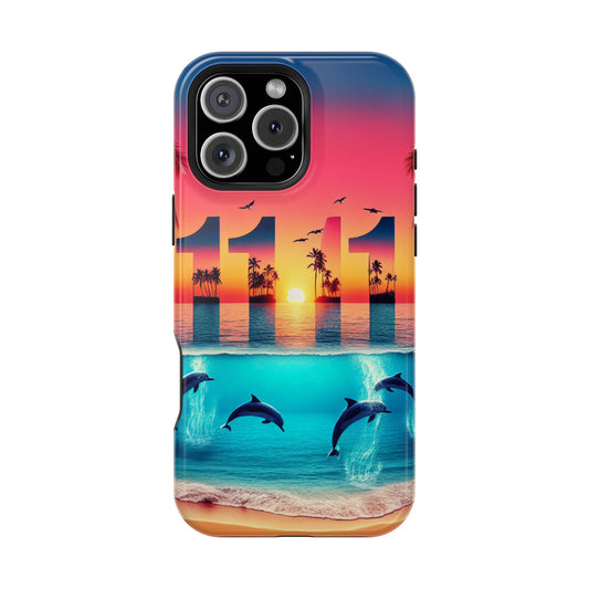 Magnetic Phone Cases, Tropical Sunset Symphony Tough Case for iPhone, Beach Dolphin Sailboat Art, Max Pro 13-16, Paradise Unveiled