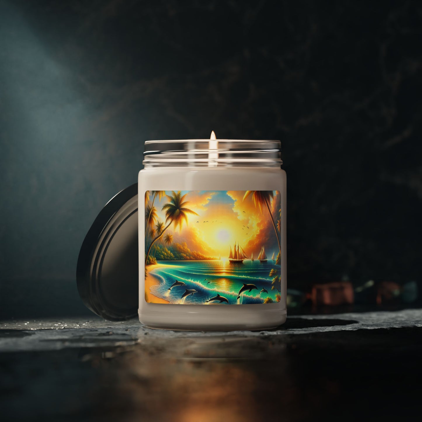 Scented Candle 1111 "Dolphin Dusk: Tropical Paradise Sunset" - 9 flavors Tropical Beach Sunset with Palm Trees, Dolphins, and Sailboats Art