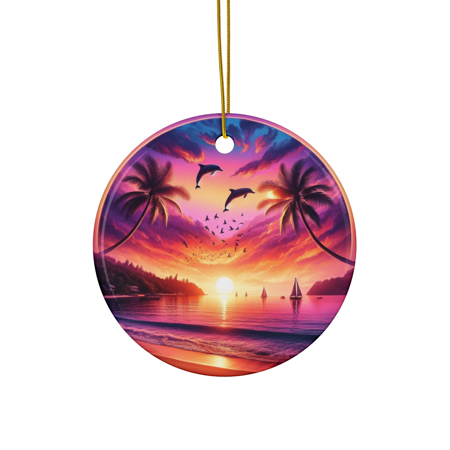 Ceramic Ornament Star, Heart, Snowflake or Circle 1111 "Island Mirage: Sunset Serenity" - Tropical Beach Sunset with Palm Trees, Dolphins, and Sailboats