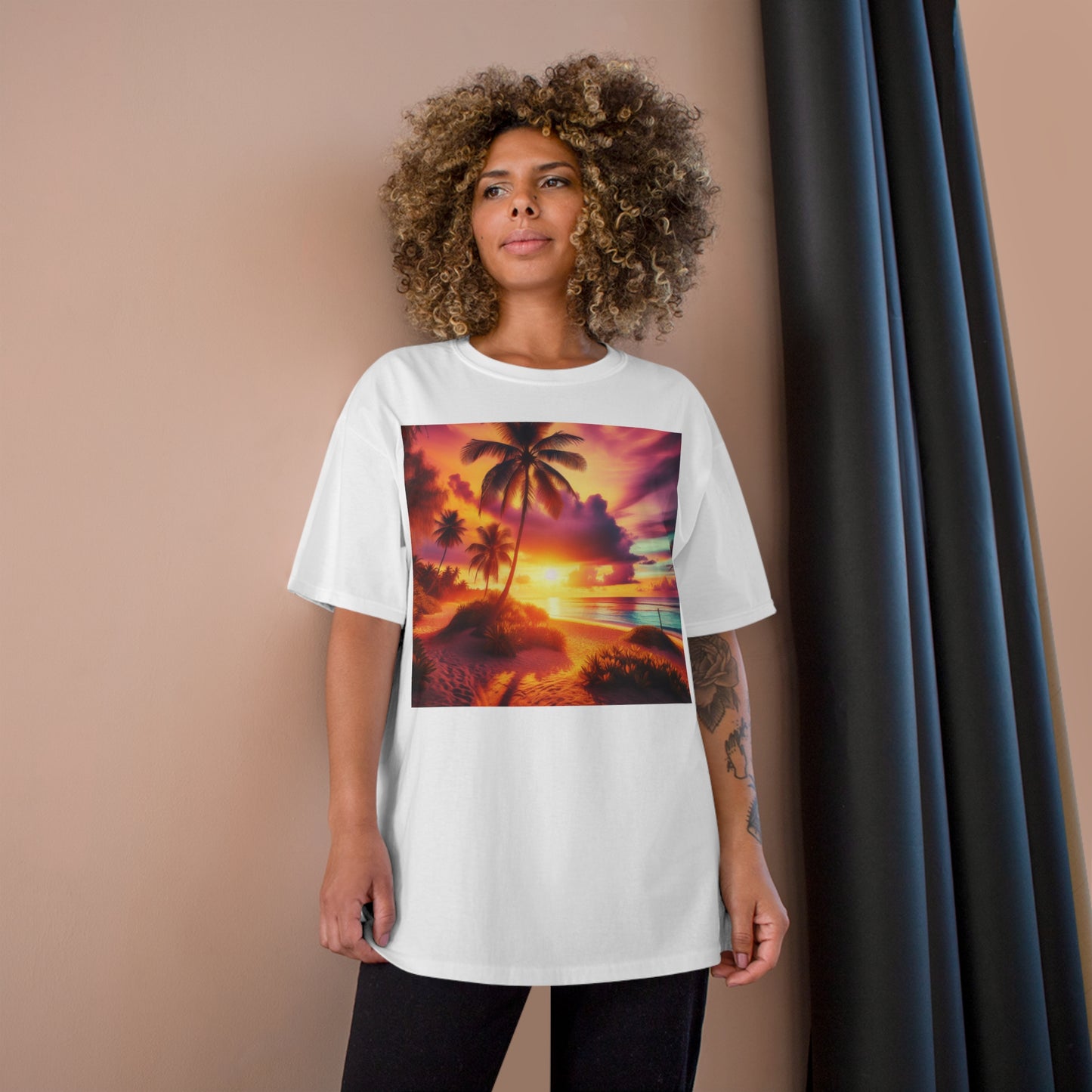 "Paradise Radiance: A Tropical Sunset Symphony" - Champion Tee Tropical Beach Sunset with Palm Trees