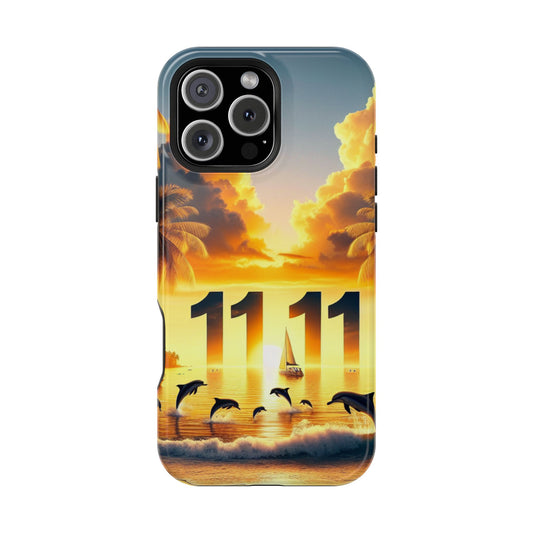 Magnetic Iphone 16 15 14 13 Pro and Max 1111 "Paradise Sunset: An Enchanted Tropical Reverie" - Tough Phone Case with Tropical Beach Sunset Dolphins ande Sailboats HD Art