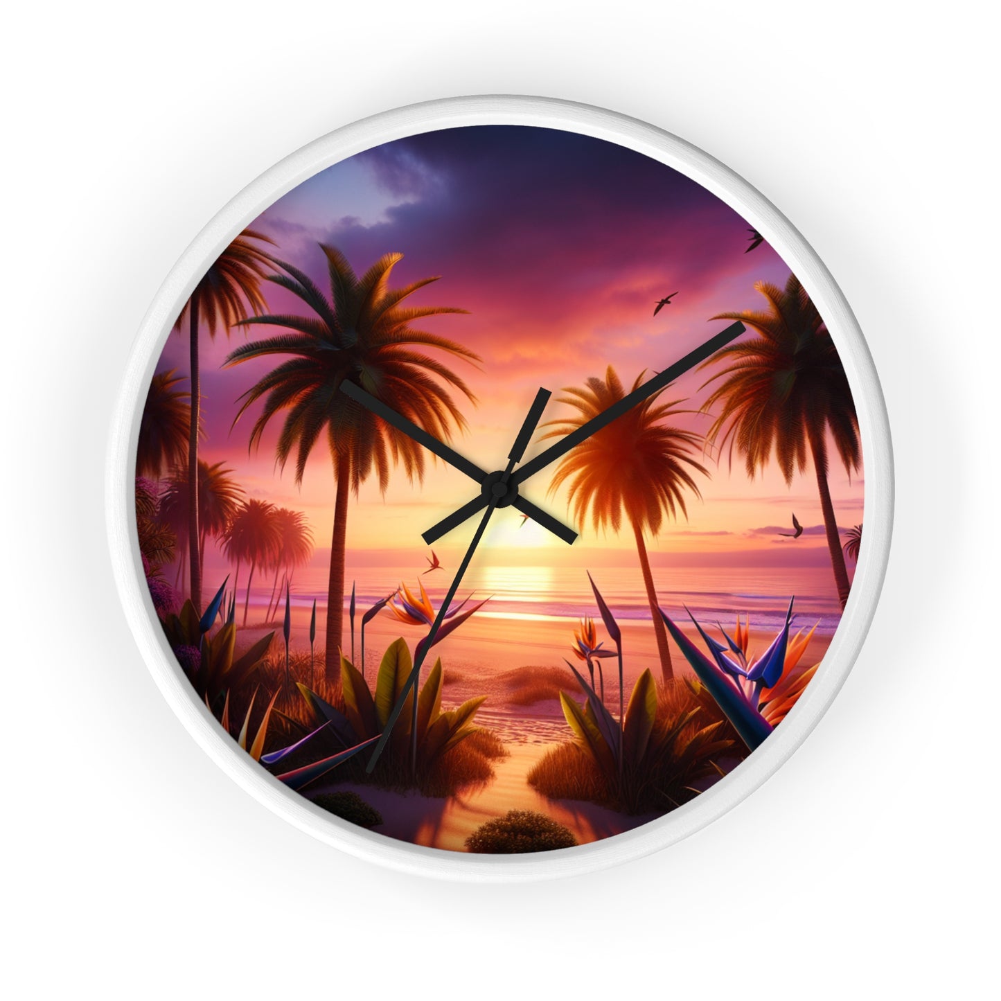 "Sunkissed Serenity: A Tropical Twilight Tapestry" - Tropical Beach at Sunset 10" Wall Art Clock