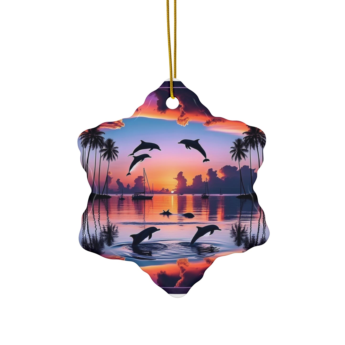 Ceramic Ornament Star, Heart, Snowflake or Circle 1111 "Paradise Radiance: A Tropical Beach Sunset Masterpiece" - Tropical Beach Sunset with Palm Trees, Dolphins, and Sailboats