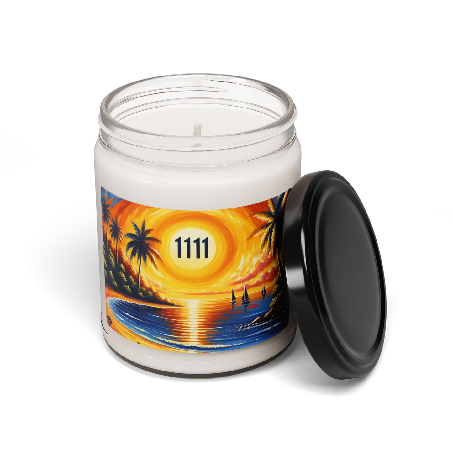 Scented Candle 9 Flavors "Paradisiacal Twilight: A Serenade of Dolphins and Palms" - 1111 Tropical Beach Sunset with Palm Trees, Dolphins, and Sailboats Art