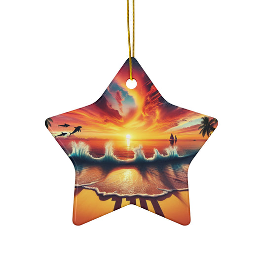 Ceramic Ornament Star, Heart, Snowflake or Circle 1111 "Paradise Embrace: Tropical Sunset Serenade" - Tropical Beach Sunset with Palm Trees, Dolphins, and Sailboats