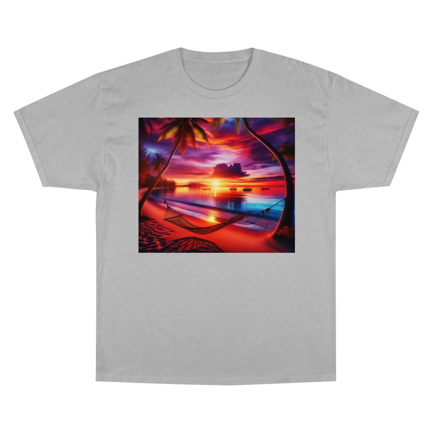 "Serenity Sands - The Aura of Tropical Twilight" - Champion Tee Tropical Beach Sunset with Palm Trees