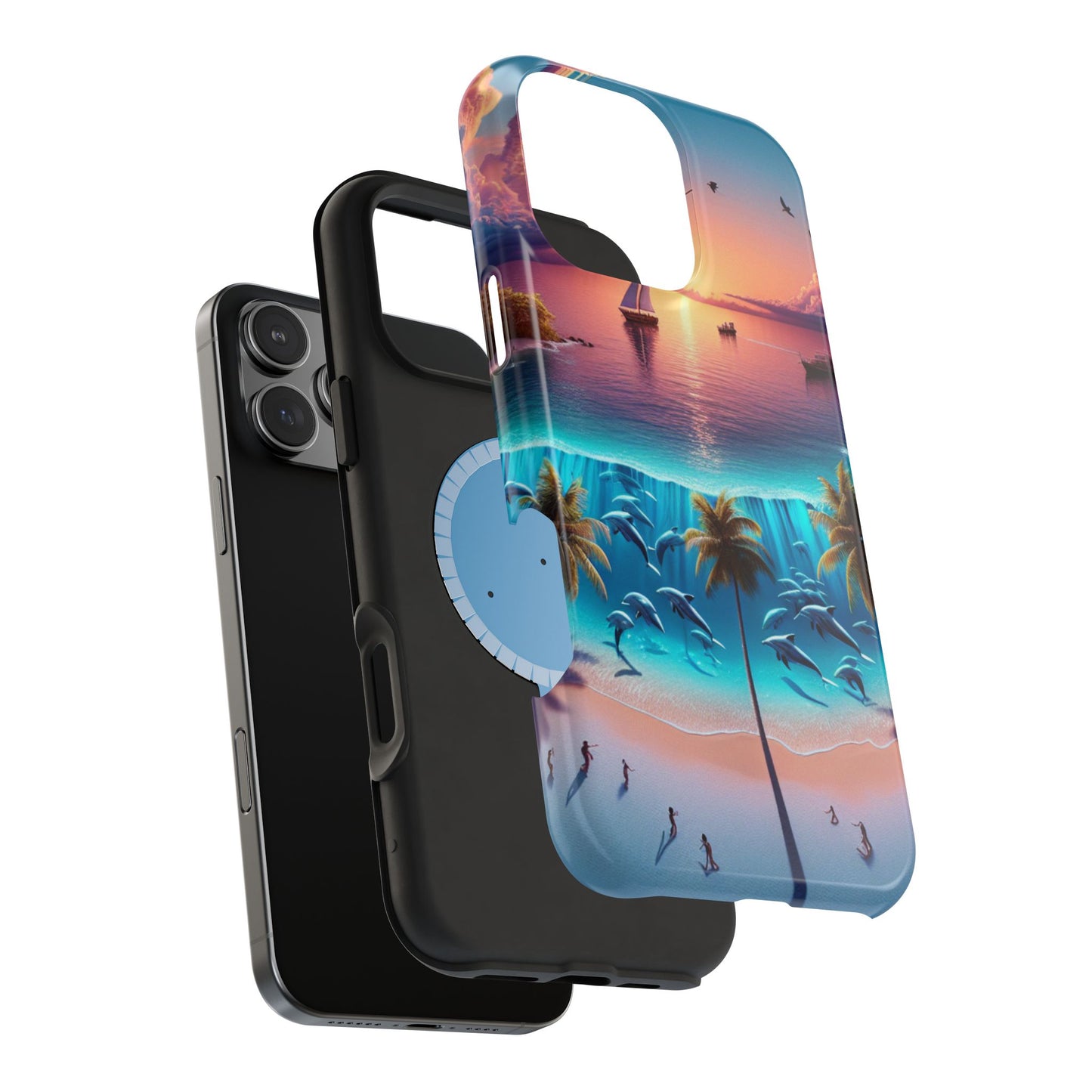 Magnetic Tough Phone case for phone 16 15 14 13 Pro Plus and Max  "Sunset Serenity: A Tropical Solitude" - Tough Phone Case with Tropical Beach Sunset Dolphins ande Sailboats HD Art