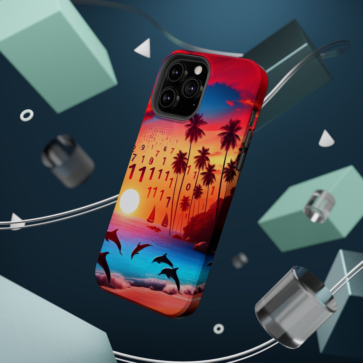 Magnetic Tough Phone case for phone 16 15 14 13 Pro Plus and Max  1111 "Serenity Horizon: Tropical Sundown Symphony" - Tough Phone Case with Tropical Beach Sunset Dolphins ande Sailboats HD Art