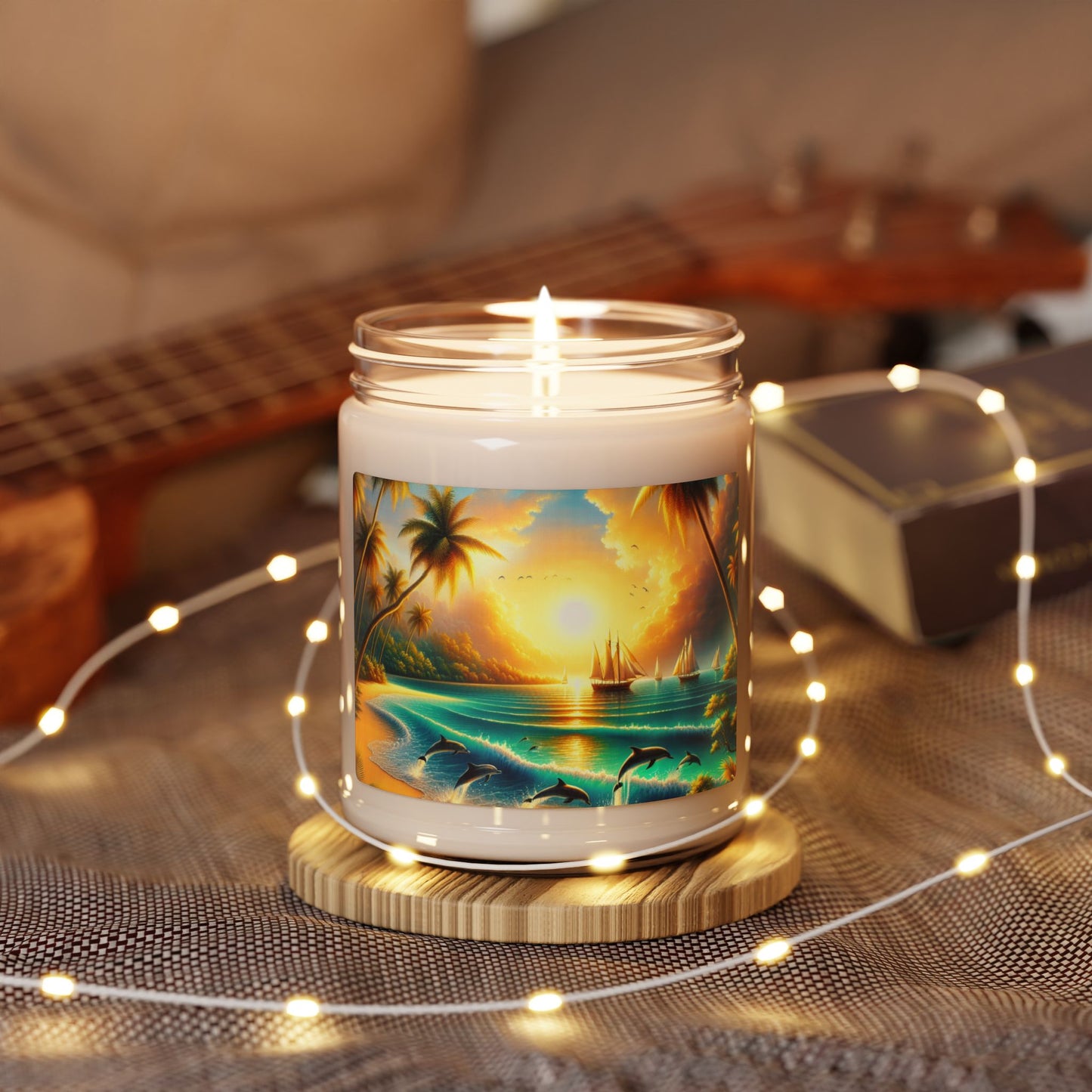 Scented Candle 1111 "Dolphin Dusk: Tropical Paradise Sunset" - 9 flavors Tropical Beach Sunset with Palm Trees, Dolphins, and Sailboats Art