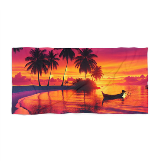 "Paradise Twilight: An Ode to Serene Horizons" - Tropical Beach Sunset with Palm Trees Beach Towel