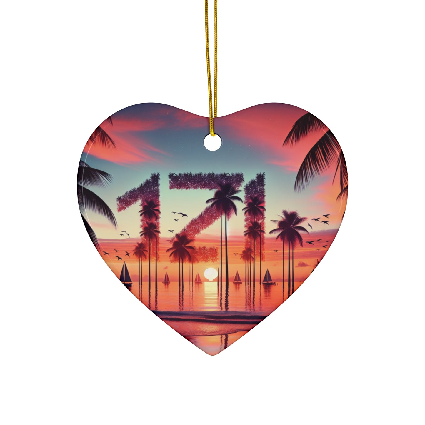 Ceramic Ornament Star, Heart, Snowflake or Circle 1111 "Paradise Dusk: Tropical Serenity" - Tropical Beach Sunset with Palm Trees, Dolphins, and Sailboats