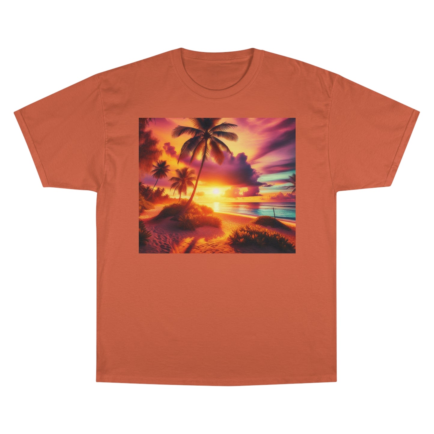 "Paradise Radiance: A Tropical Sunset Symphony" - Champion Tee Tropical Beach Sunset with Palm Trees