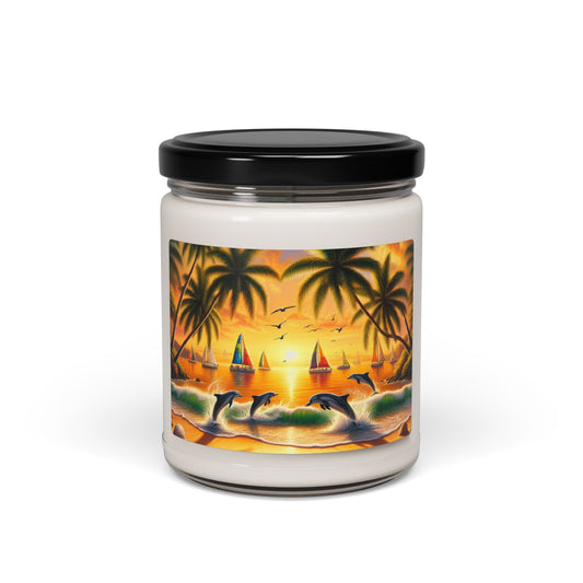 Scented Candle 9 Flavors "Dolphins' Paradise: A Tropical Sundown Symphony" - 1111 Tropical Beach Sunset with Palm Trees, Dolphins, and Sailboats Art