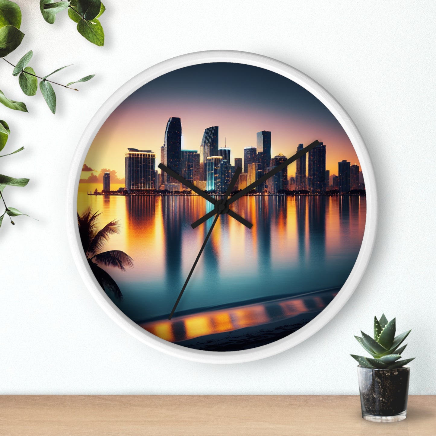 Miami Sunset City Lights and Ocean Reflection Wall Clock