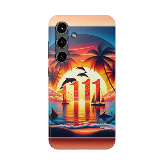 Samsung Galaxy S24 S23 S22 S21 Tough Phone Case "Serene Sundown: A Tropical Tapestry" - 1111 Tropical Beach Palm Trees, Dolphins, and Sailboats Art