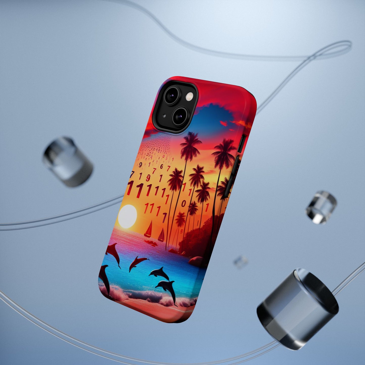 Magnetic Tough Phone case for phone 16 15 14 13 Pro Plus and Max  1111 "Serenity Horizon: Tropical Sundown Symphony" - Tough Phone Case with Tropical Beach Sunset Dolphins ande Sailboats HD Art