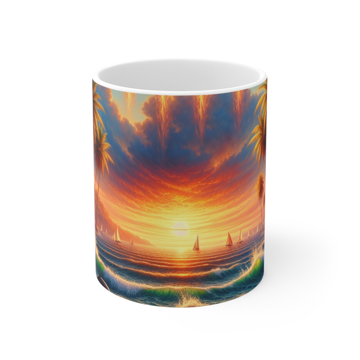 11oz 1111 Mug "Serene Bliss: Tropical Sunset Harmony with Angelic Embrace 1111" - Tropical Beach Sunset with Palm Trees Dolphins and Sailboats and angel number 1111