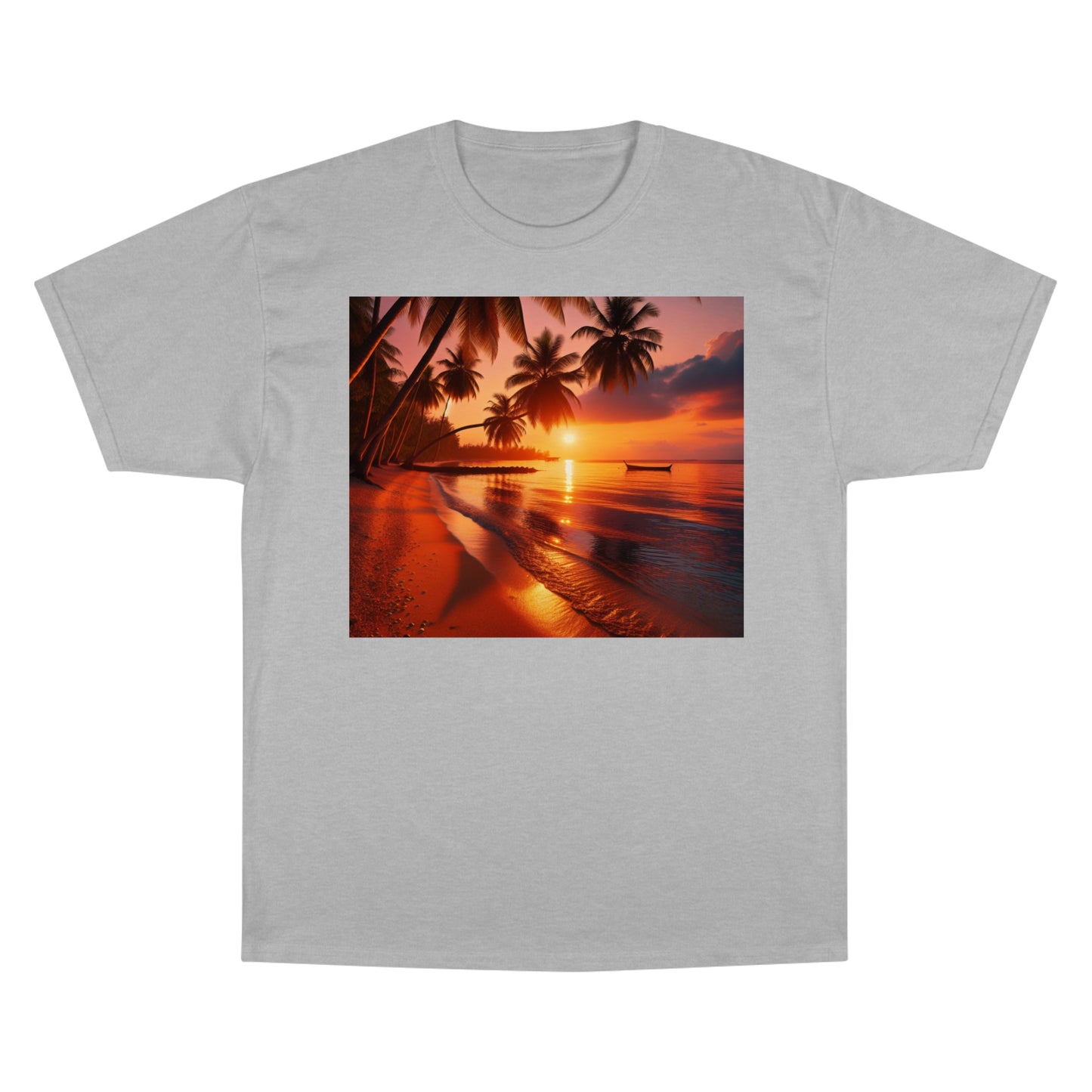 "Paradise Serenity: A Tropical Sunset Symphony" - Champion Tee Tropical Beach Sunset with Palm Trees