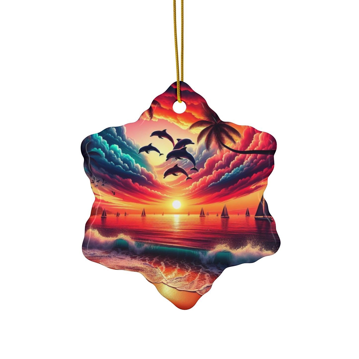 Ceramic Ornament Star, Heart, Snowflake or Circle 1111 "Paradise Dusk: A Tropical Serenade" - Tropical Beach Sunset with Palm Trees, Dolphins, and Sailboats