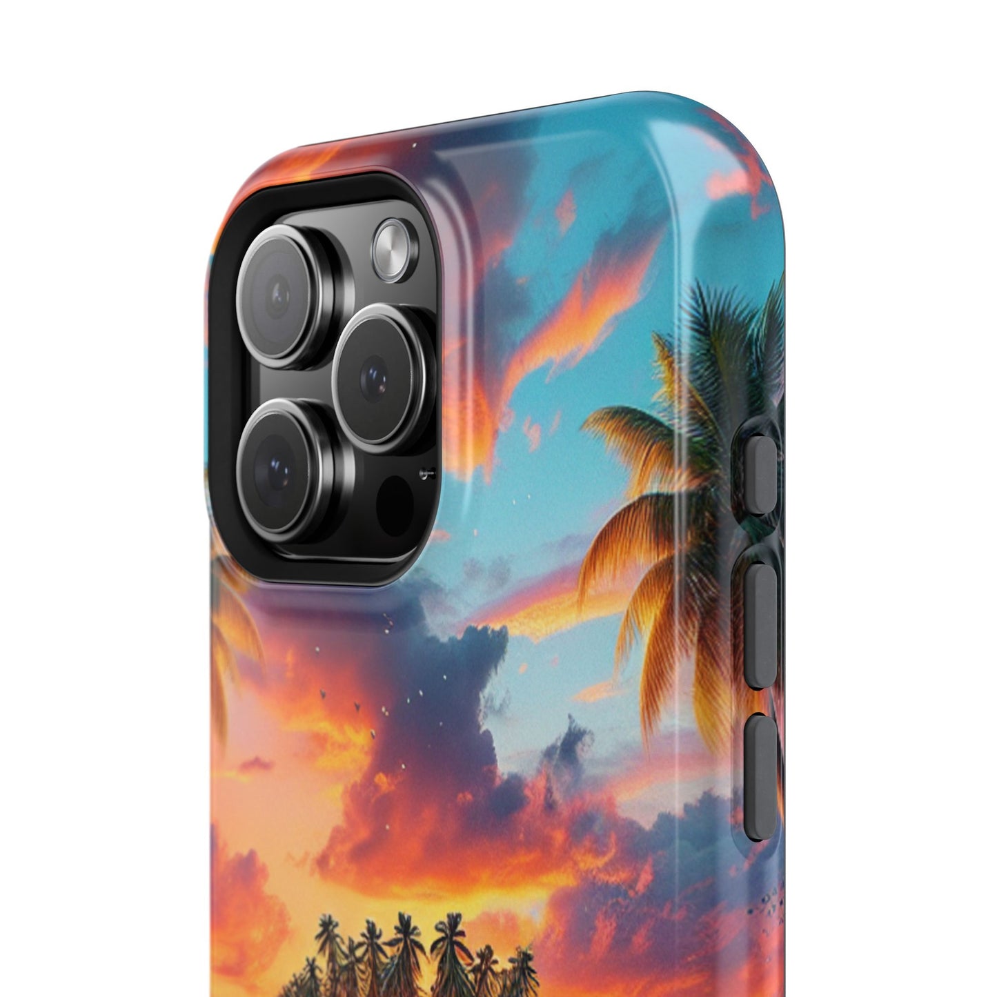 Magnetic Iphone 13-16 Pro and Max 1111 "Sundrenched Serenity: A Tropical Twilight Oasis" - Tough Phone Case with Tropical Beach Sunset Dolphins ande Sailboats HD Art