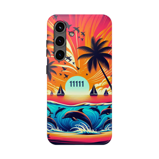 Samsung Galaxy S24 S23 S22 S21 Tough Phone Case "Paradise Serenity: Tropical Twilight" - 1111 Tropical Beach Palm Trees, Dolphins, and Sailboats Art