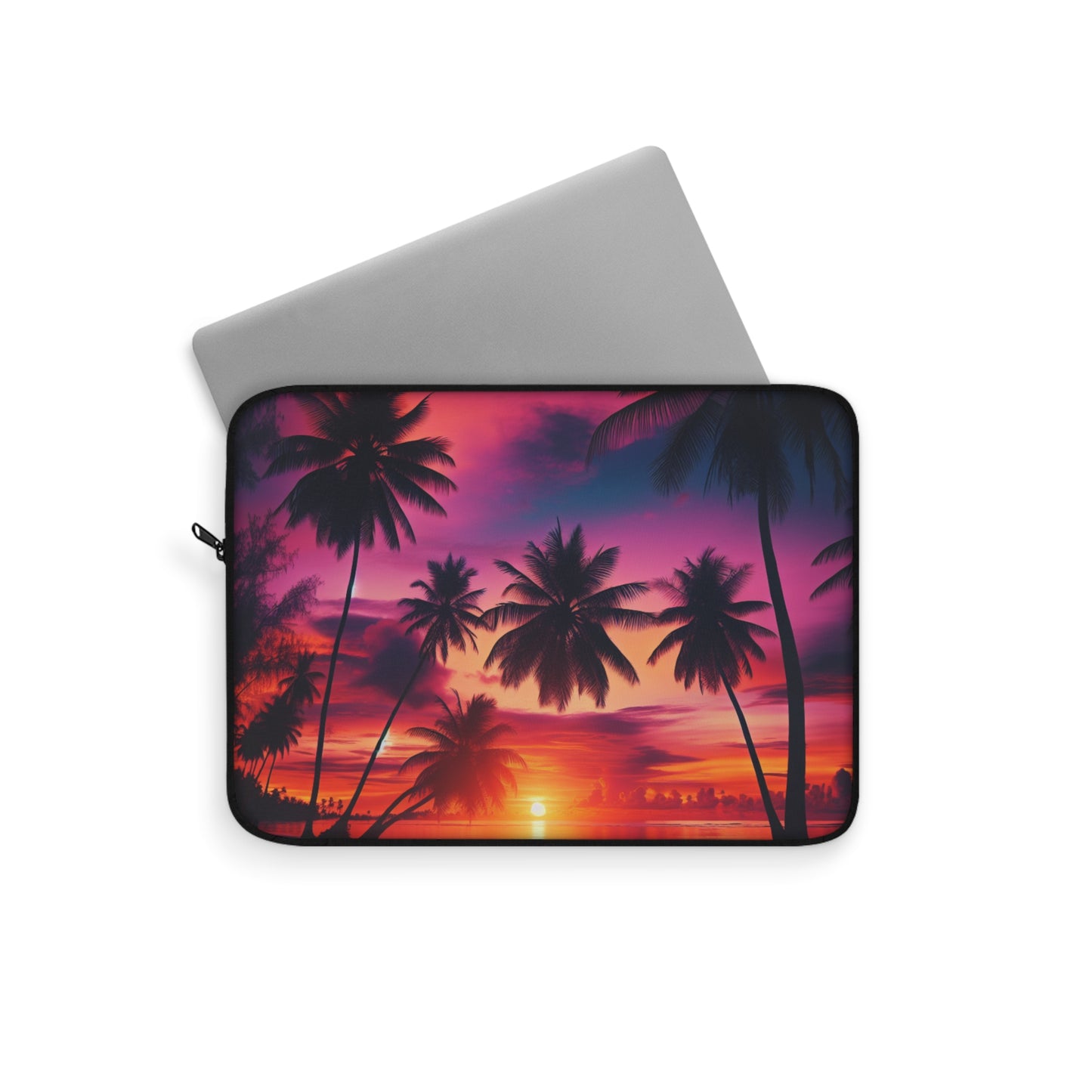 "Paradise Bliss: Tropical Sunset Serenade" - Laptop Sleeve with Tropical Beach Sunset with Palm Trees Art