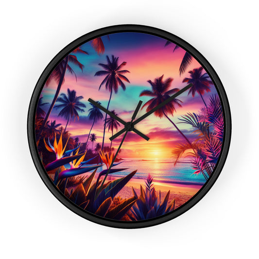 "Paradise Dusk: A Tropical Serenade" - Tropical Beach at Sunset 10" Wall Art Clock