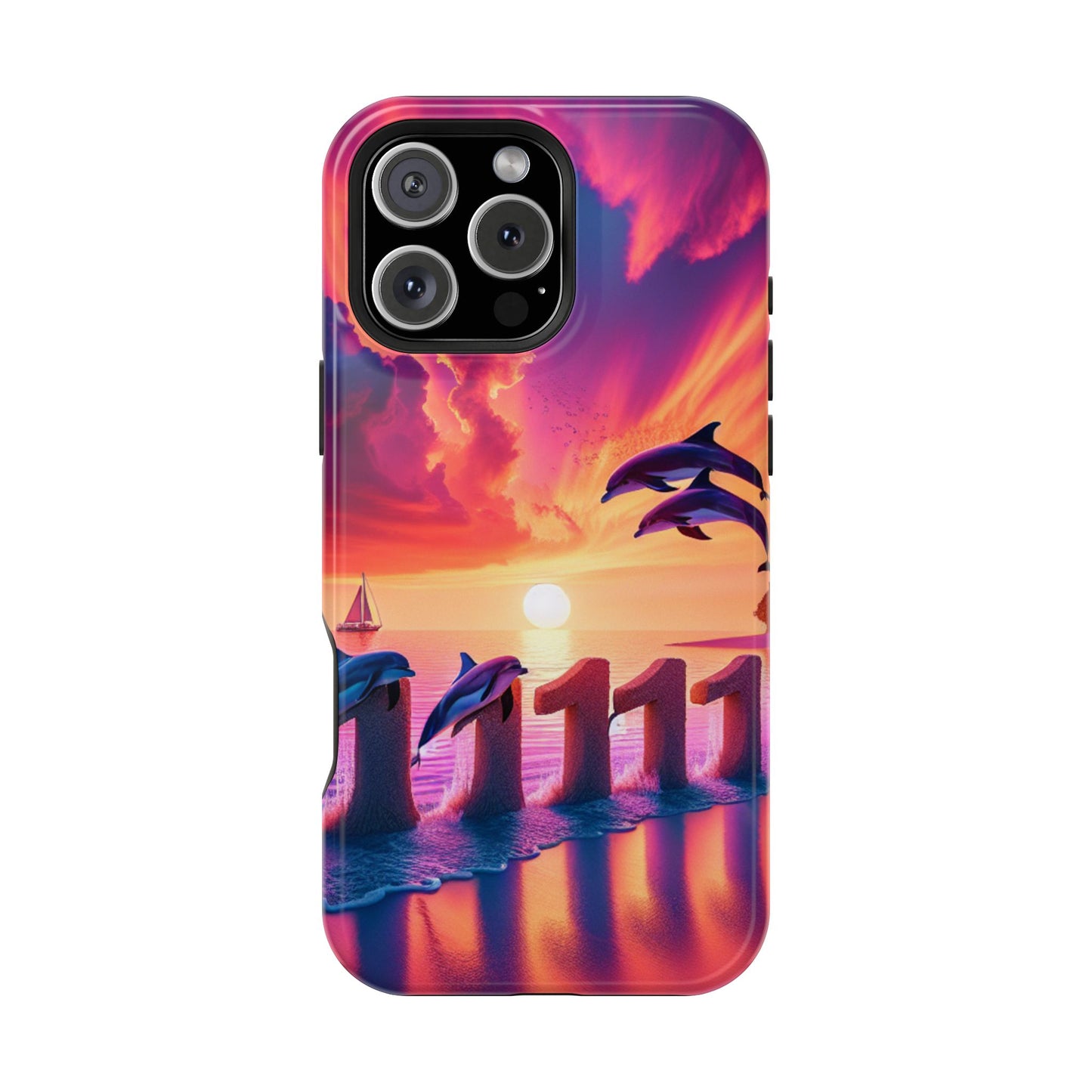 Magnetic Iphone 13-16 Pro and Max 1111 "Paradise Twilight: A Tropical Beach Sunset Symphony" - Tough Phone Case with Tropical Beach Sunset Dolphins ande Sailboats HD Art