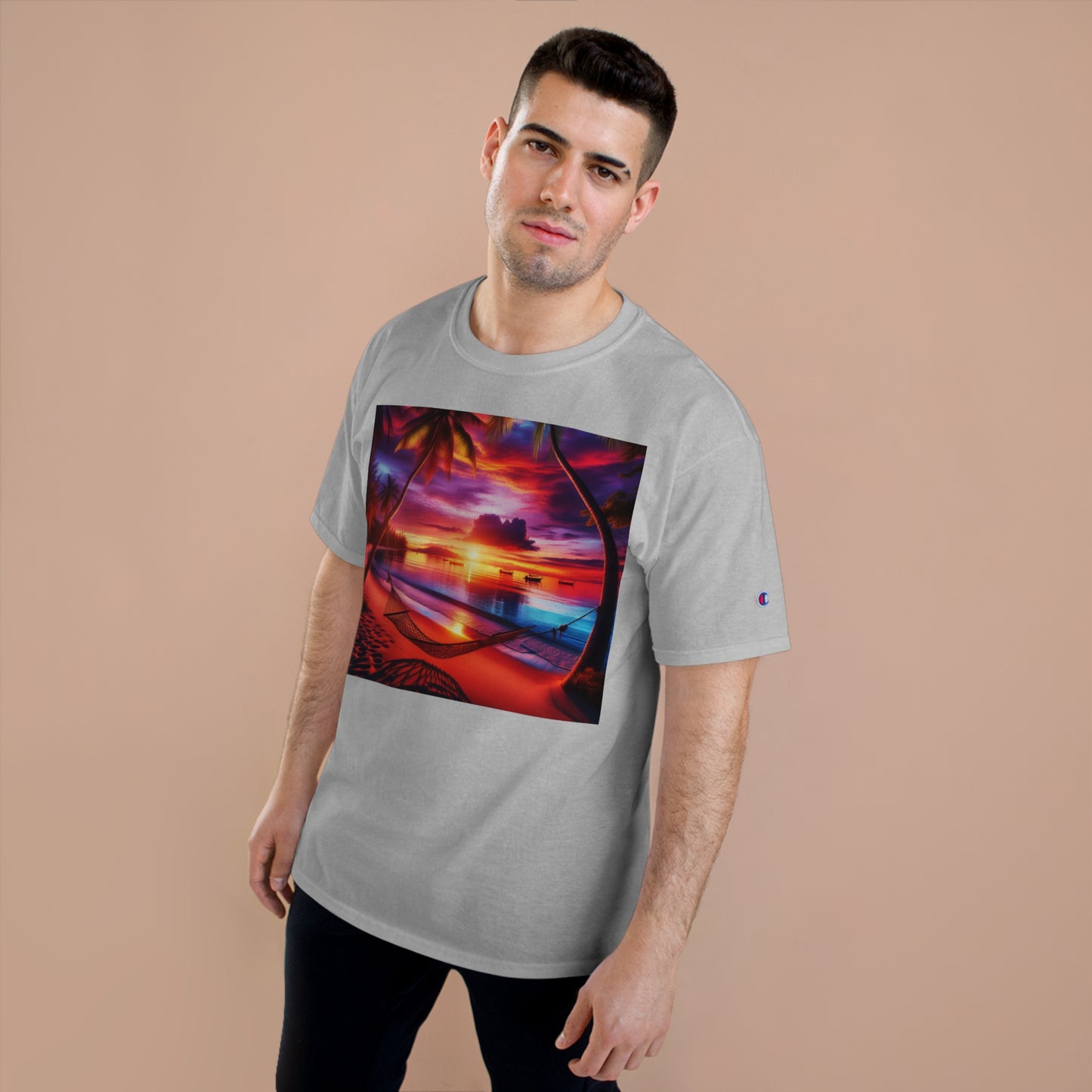 "Serenity Sands - The Aura of Tropical Twilight" - Champion Tee Tropical Beach Sunset with Palm Trees