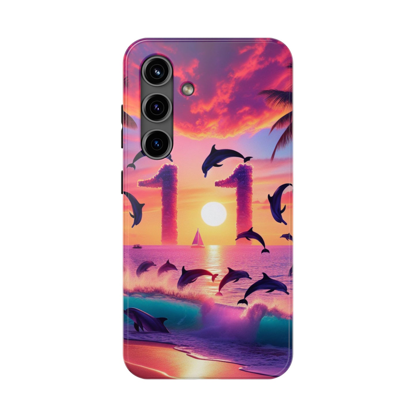 Samsung Galaxy S24 S23 S22 S21 Tough Phone Case "Serenade of the Sun: Tropical Beach Twilight" - 1111 Tropical Beach Palm Trees, Dolphins, and Sailboats Art