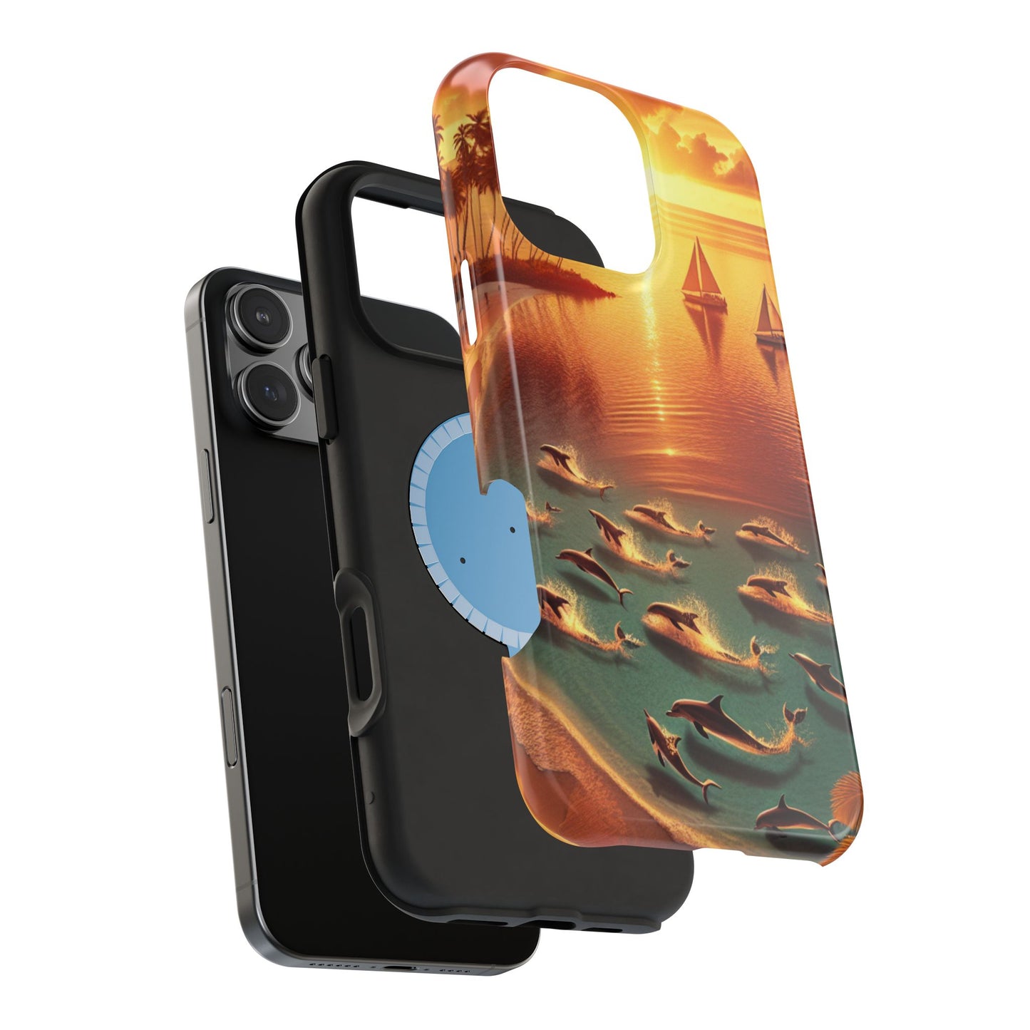 Magnetic Iphone 13-16 Pro and Max 1111 "Golden Sands: Tropical Dusk Serenade" - Tough Phone Case with Tropical Beach Sunset Dolphins ande Sailboats HD Art